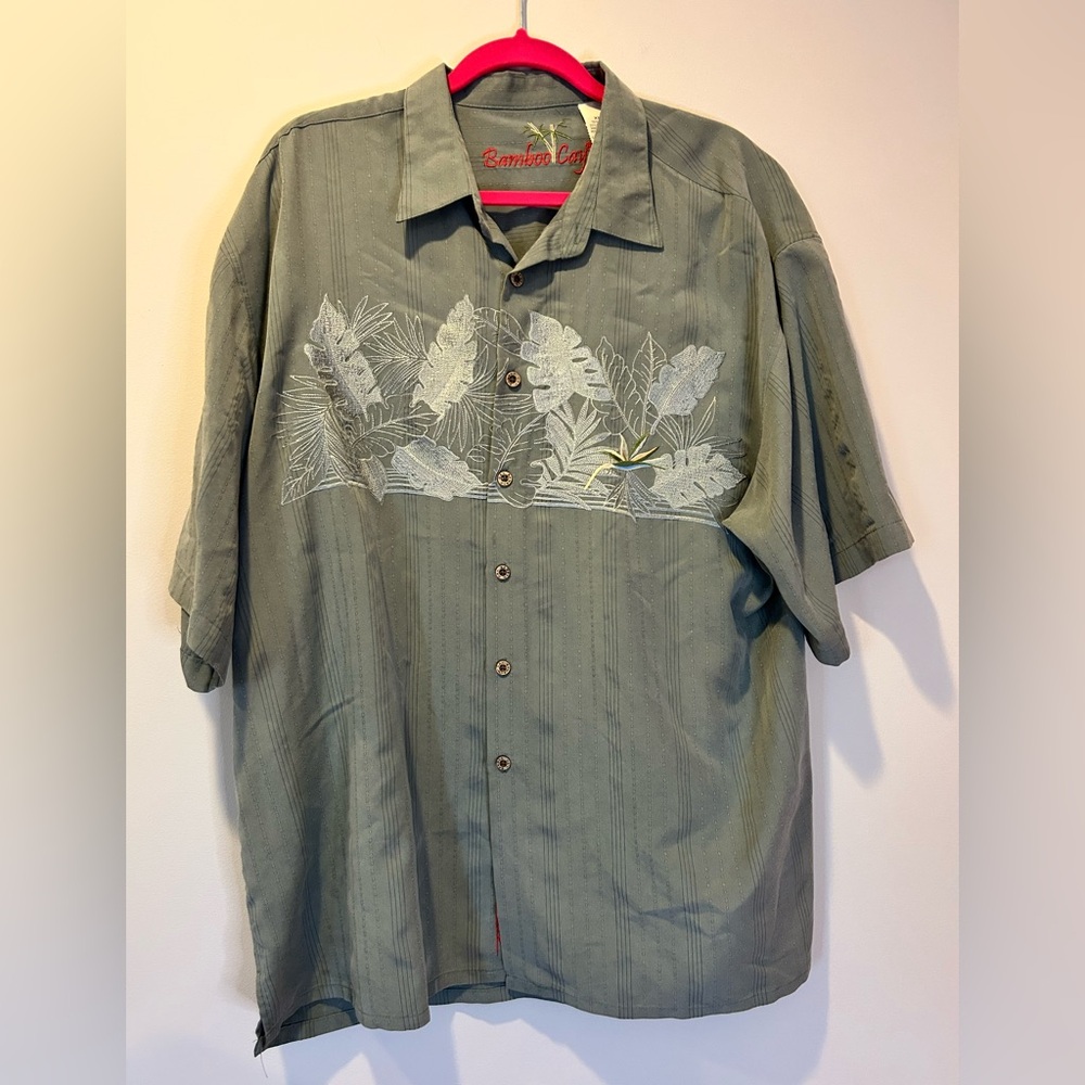 Bamboo Cay Men's Short Sleeve Hawaiian‎ Shirt XXL Embroidered Floral Khaki Green